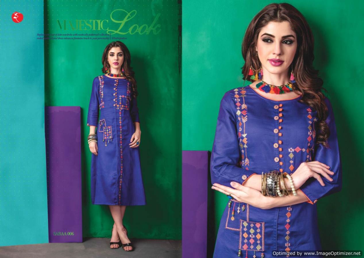 Saraa Launch New Latest Wonderful Party Wear Designer Kurti With Embroidery Work Three Fourth sleeves And Beautiful Neck Designs 