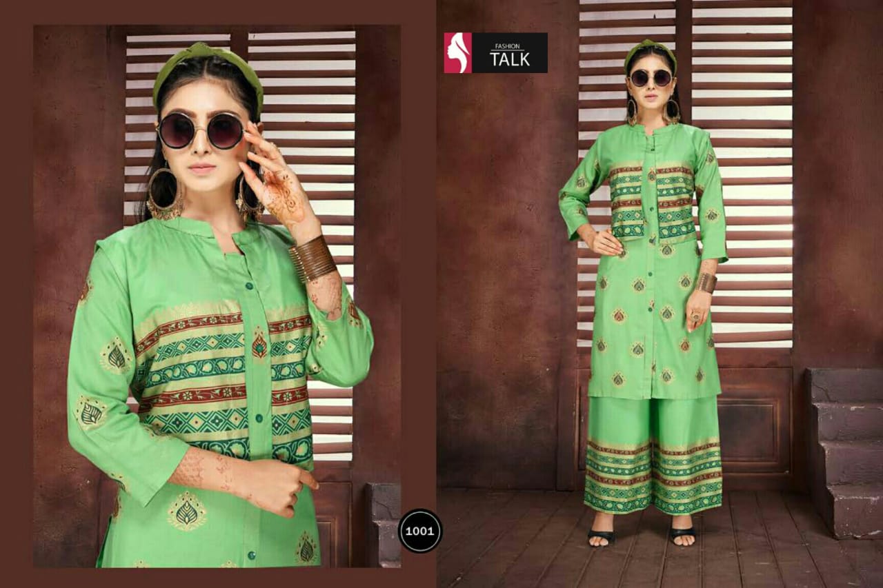 Ft Pintex Latest Fancy Designer Casual Wear Gold Print Heavy Rayon Kurti With Bottom Collection

