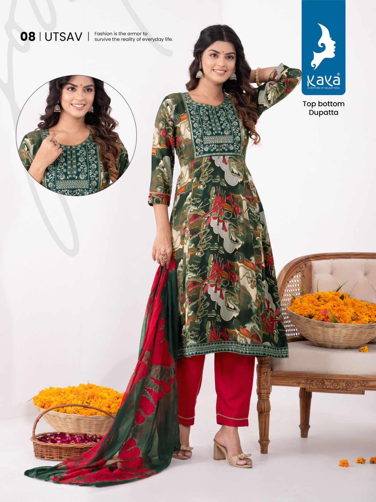 Utsav By Kaya Rayon Printed Kurti With Bottom Dupatta Catalog