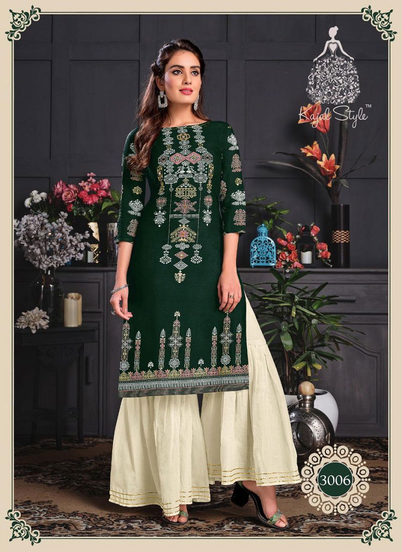 KAJAL STYLE FASHION GALAXY  Vol.3 LATEST RAYON PRINTED FANCY EMBROIDERY WORK PARTY WEAR KURTI WITH PLAZO & SHARARA COLLECTION