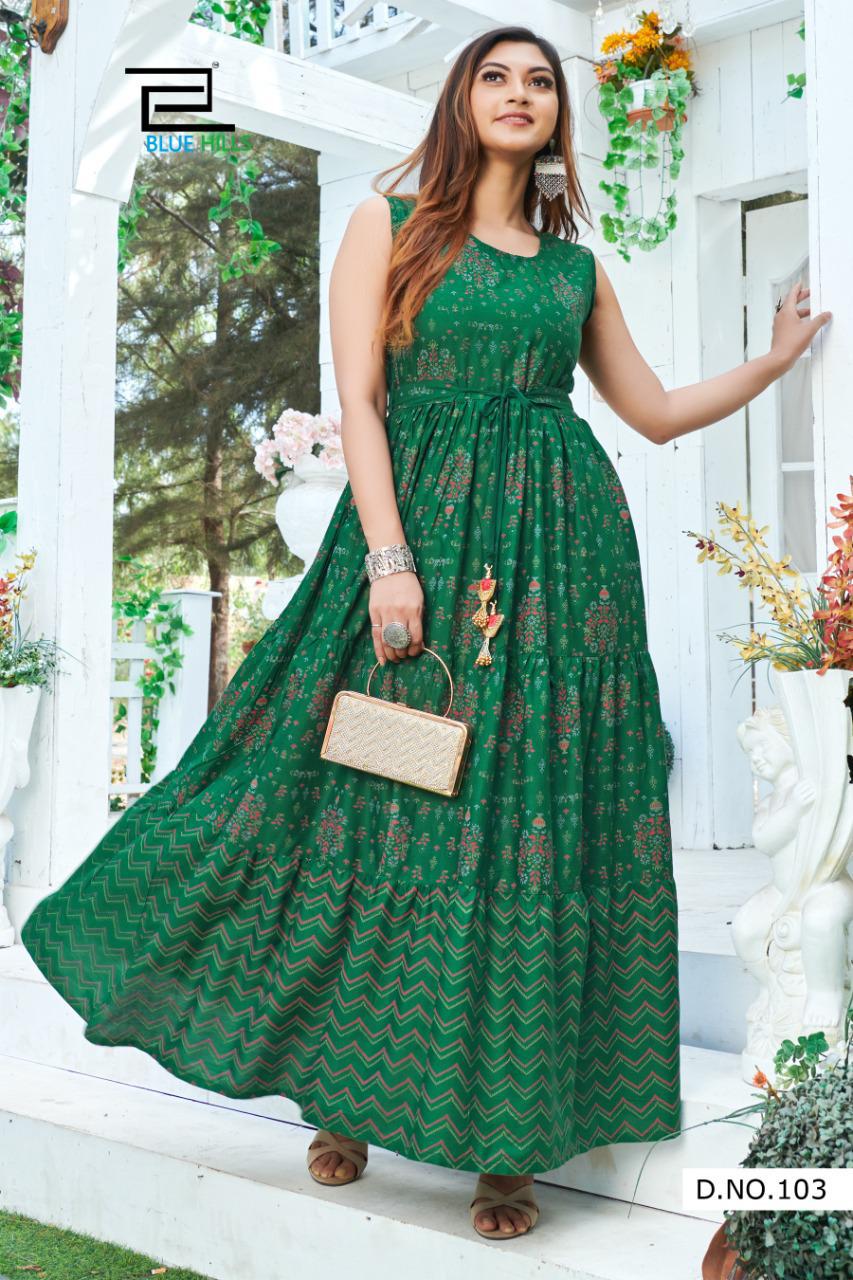 Blue Hills Sun Shine Nx Ltaets Fancy Designer Ethnic Wear Flair Rayon Heavy Kurti Collection
