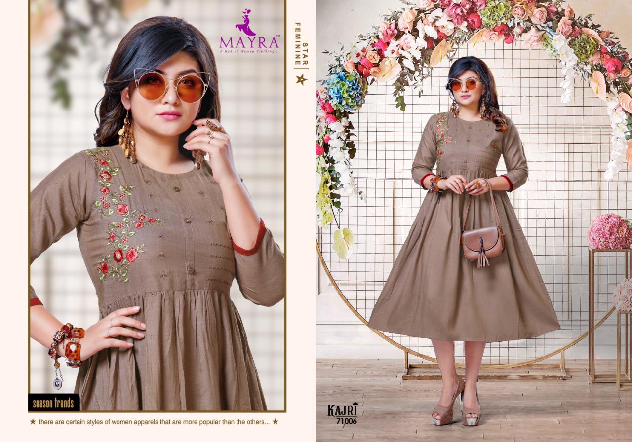 Mayra Kajri Latest Fancy Casual Wear Rayon Embroidery Work Anarkali Kurtis Collection
