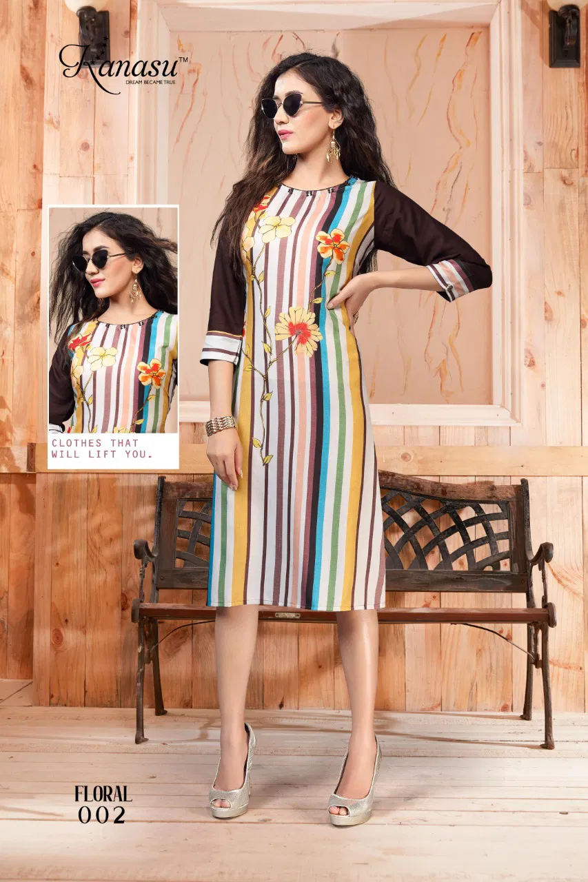 Kanasu Floral Latest Fancy Designer Ethnic Wear Rayon Printed Long Kurti Collection
