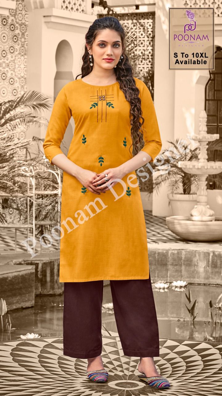 Poonam Kurti House 2 Ethnic Wear Fancy Embroidery Work Slub Cotton Kurtis Collection
