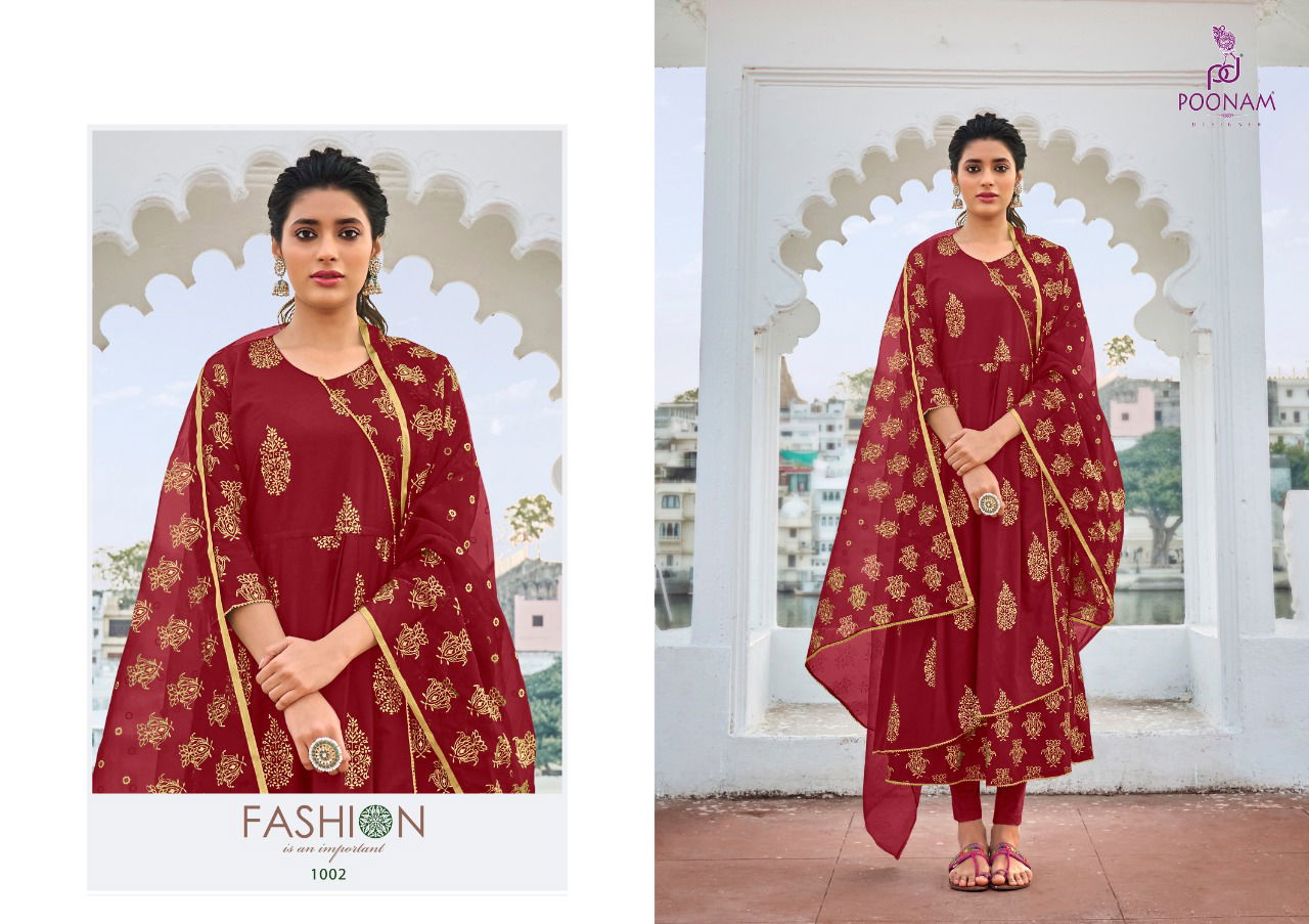 Poonam Anika Latest Fancy Designer Pure malai cotton Double layer Gown With Foil Print Long Kurti With Dupatta Collection
