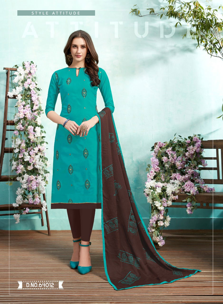 Kiss Miss 64 Designer Lawn Cotton Fancy Churidar Dress Material With Work and Four sided Lace Border Dupatta 