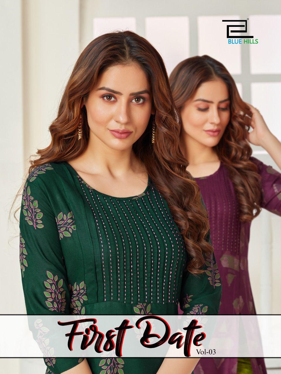 Blue Hills First Date 3 Latest Designers Party Wear Long Printed Kurtis Collection

