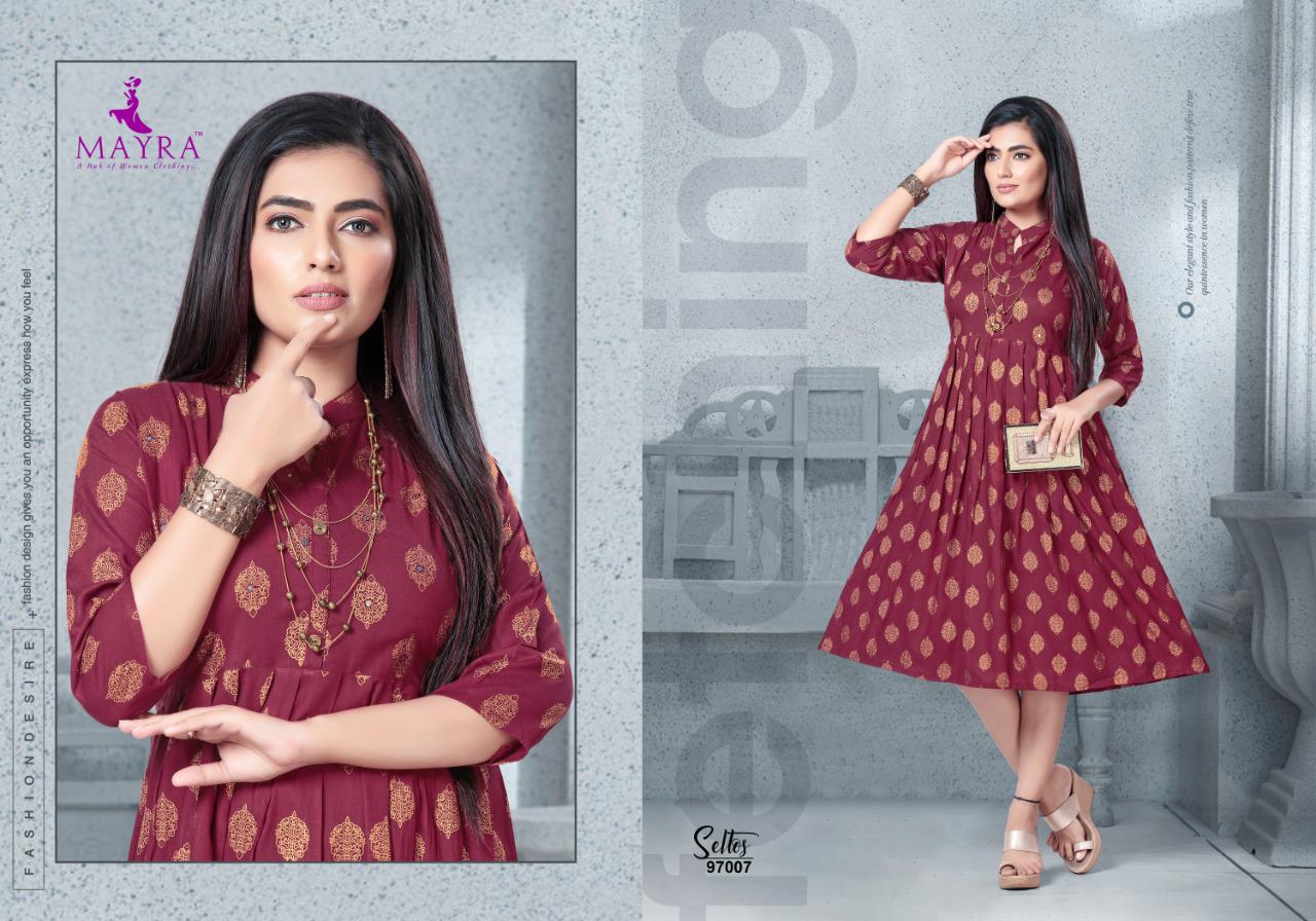 Mayra Seltos Rayon Printed Designer Party Wear and Regular Wear Kurtis Collection