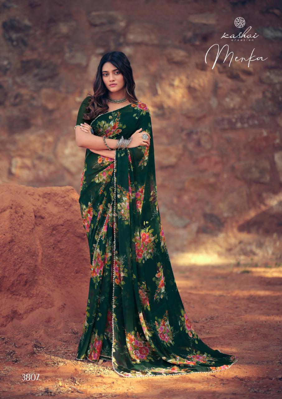 Kashvi Menka Latest Fancy Designer Festive Wear Silk Weightless Floral Chiffon Saree Collection
