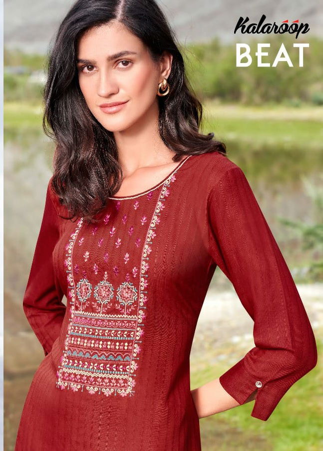 Kalaroop Beat Rayon With Embroidery Work Party Wear Designer Kurtis Collection
