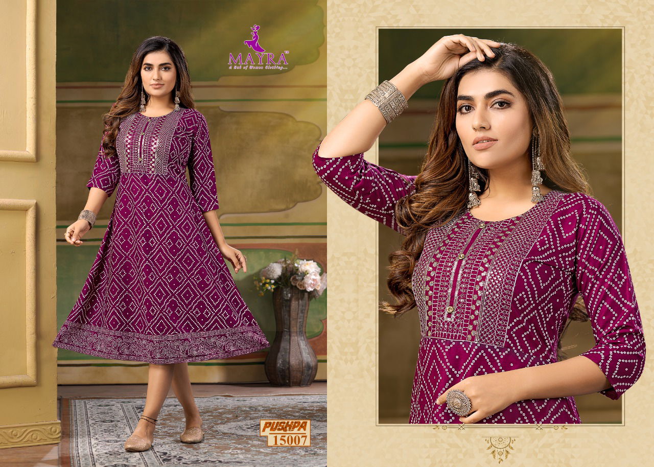 Mayra Pushpa Fancy Ethnic Wear Rayon Printed Anarklai Kurti Collection