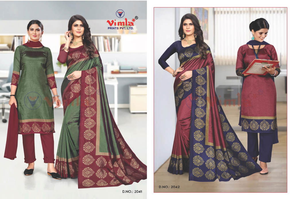 Australian Silk Printed Uniform Dress With Saree Combo Catalog
