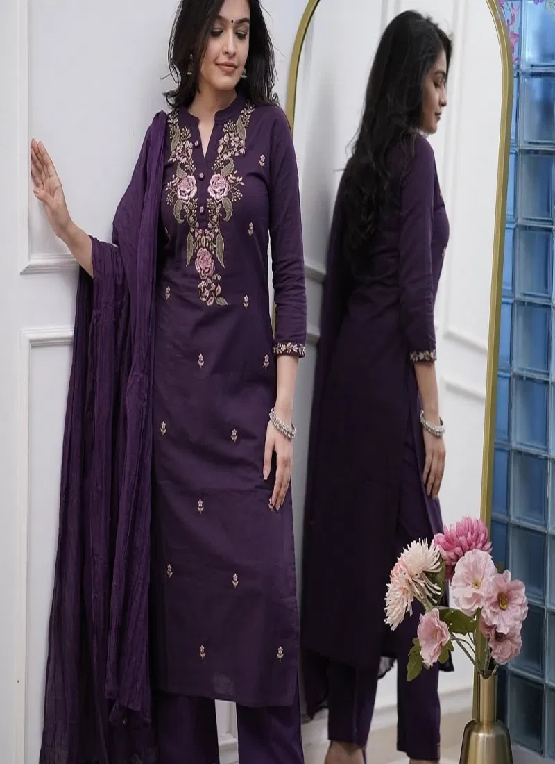 Satmonika Wine Rayon Slub Embroidered Kurti Bottom With Dupatta Wholesale Online