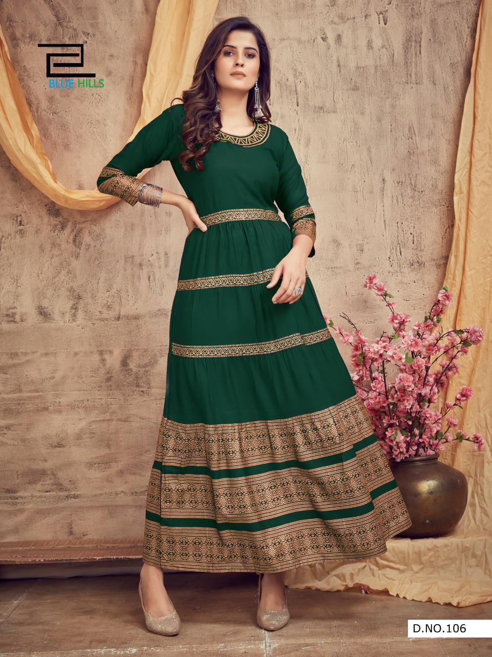 Blue Hills Leela 3 latest Fancy Designer Ethnic Party Wear Heavy Rayon With Gold Print Long Kurti collection
