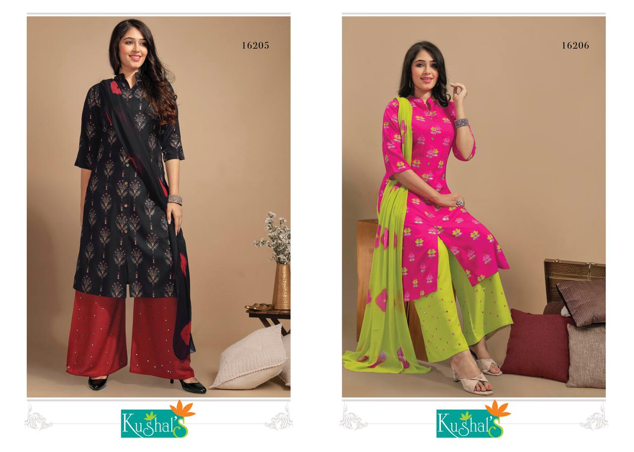 Kushals Meri Gold 3 Fancy Rayon Printed Regular Wear Kurti With Plazzo And Dupatta Collection