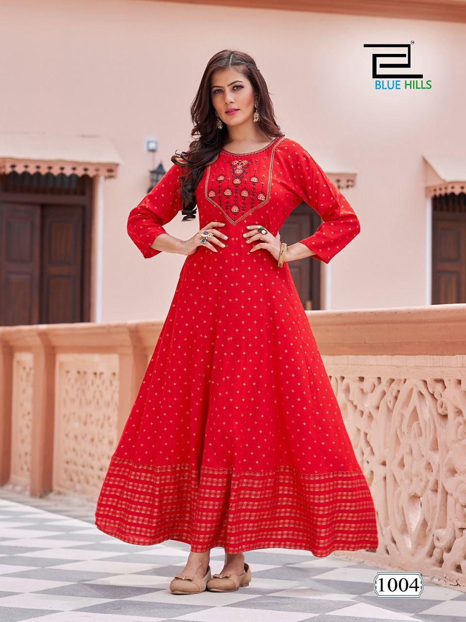 Encounter By Blue Hills Rayon Foil Printed Long Anarkali Kurtis Wholesale Market In Surat
