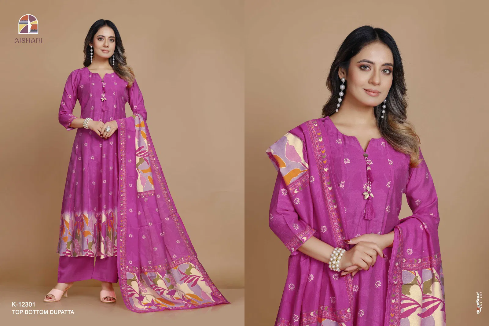 Aishani K 12301 To 12310 Soft Silk Digital Anarkali Kurti With Bottom Dupatta Exporters In India