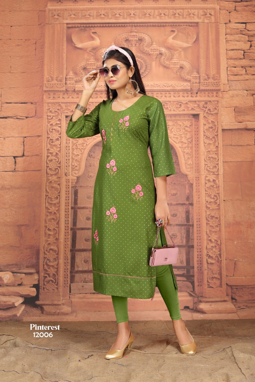 Pinterest Rayon Gold Buti with Embroider Designer Long Kurti Collection