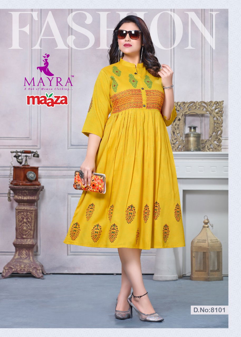 Mayra Maaza Flair Latest Fancy Style Long Casual Wear Anarakali Rayon Designer Kurtis Collection
