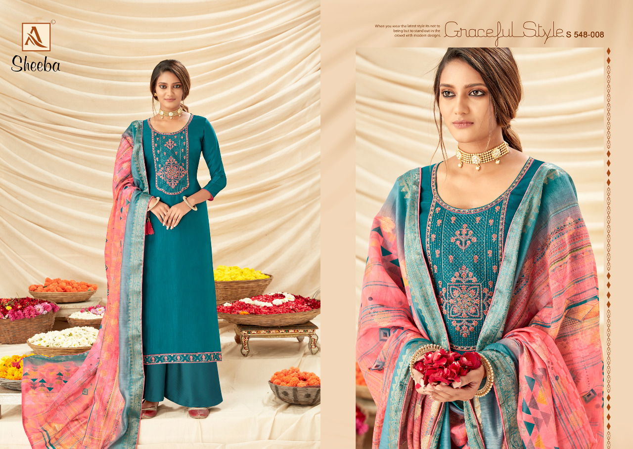 Alok Sheeba Fancy Festive WearPure Rivella Satin Fancy Embroidery with Swarovski Diamond Designer Dress Material Collection
