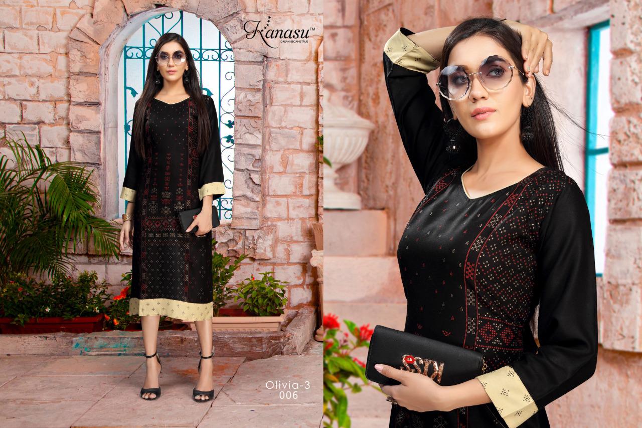 Kanasu Olivia 3 Latest Fancy Designer Heavy Rayon Straight Kurti Collection
