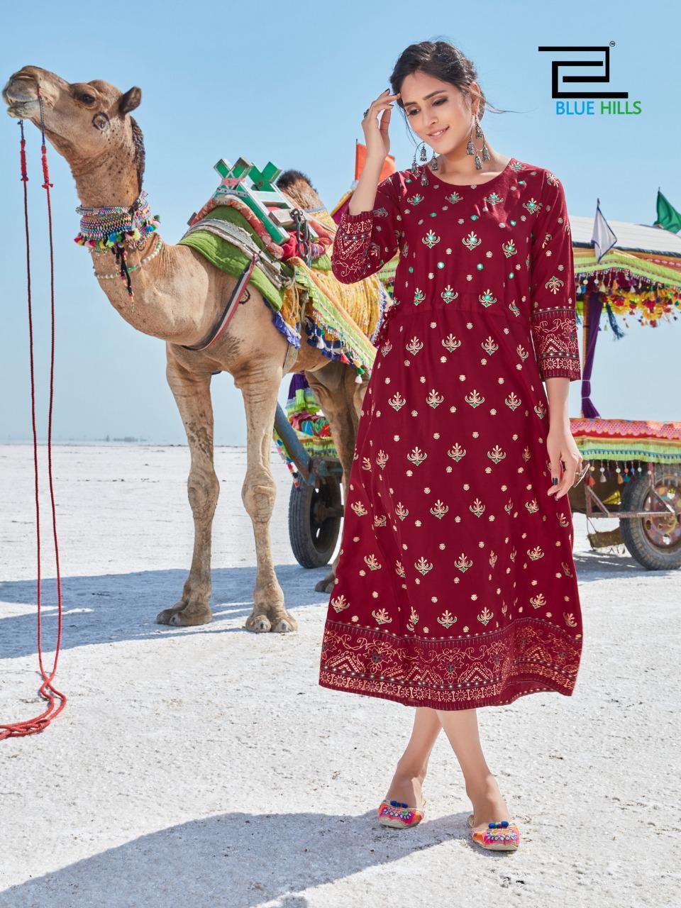 BLUE HILLS DESSERT VOL-01 Latest Fancy Designer Heavy Casual Wear Rayon Mirror Work And Printed Kurtis Collection