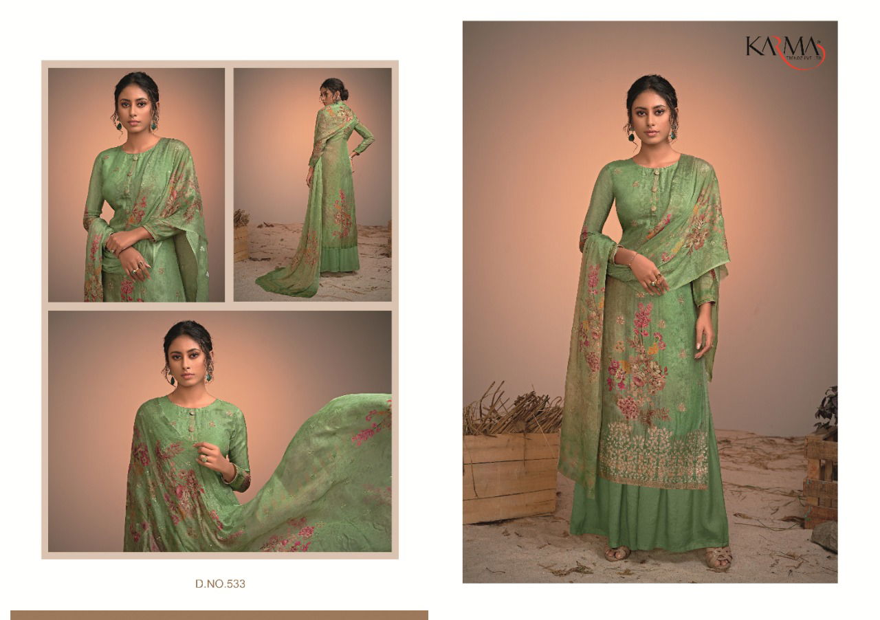 Karma Azaa 529 to 534 Series Pure Silk Jacquard Digital Print Embroidered Work Dress with Dupatta Materials Collection