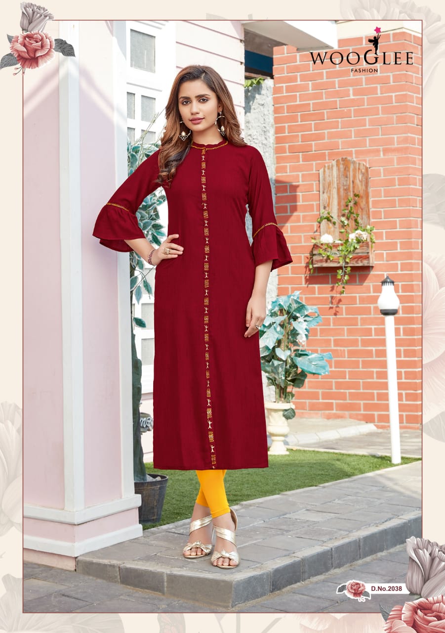 Wooglee Barbella 5 latest fancy Festive Wear Rayon Viscose Designer Kurtis Collection