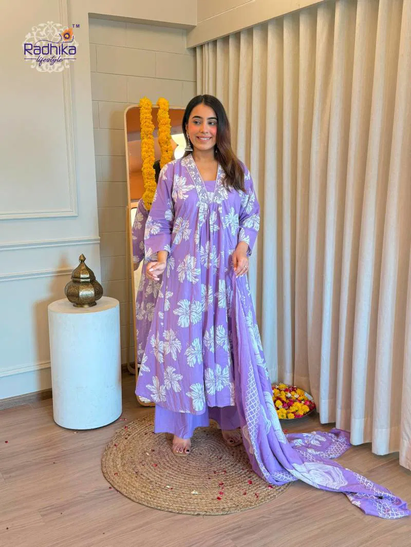 Radhika Anarkali Plazo Set Cotton Printed Kurti Pant With Dupatta Wholesale Suppliers In Mumbai