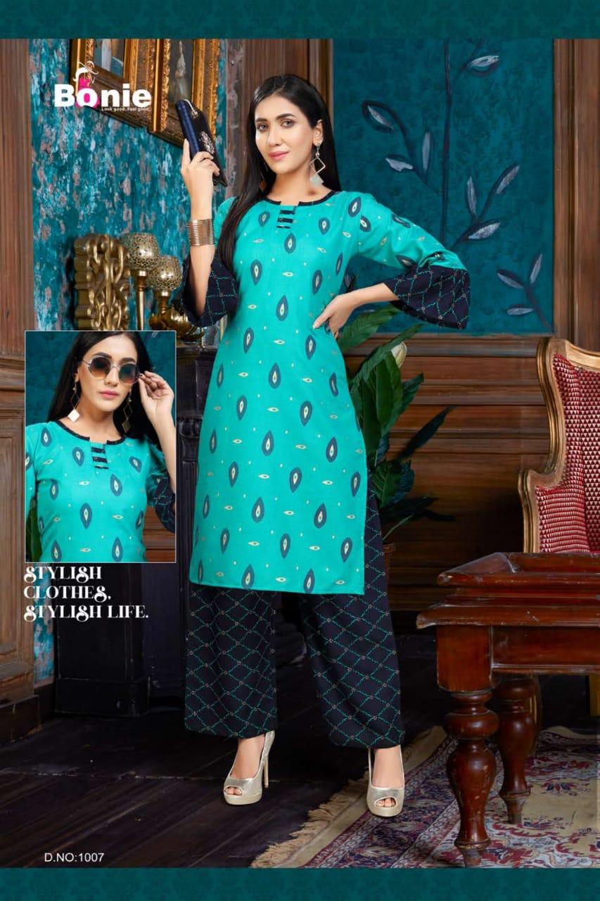 Bonie Plazo Lady Latest Fancy Regular Wear Rayon Printed Kurtis With Bottom Collection