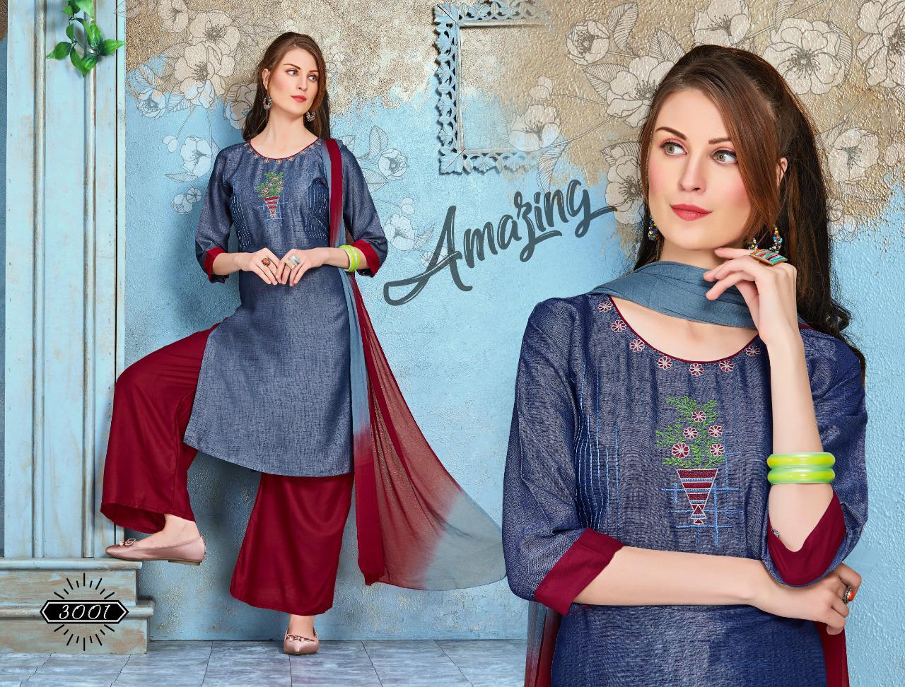 Latest Trendy Daiinty Regular Wear Ready Made Rayon Embroidered Plazzo Suit Collection 