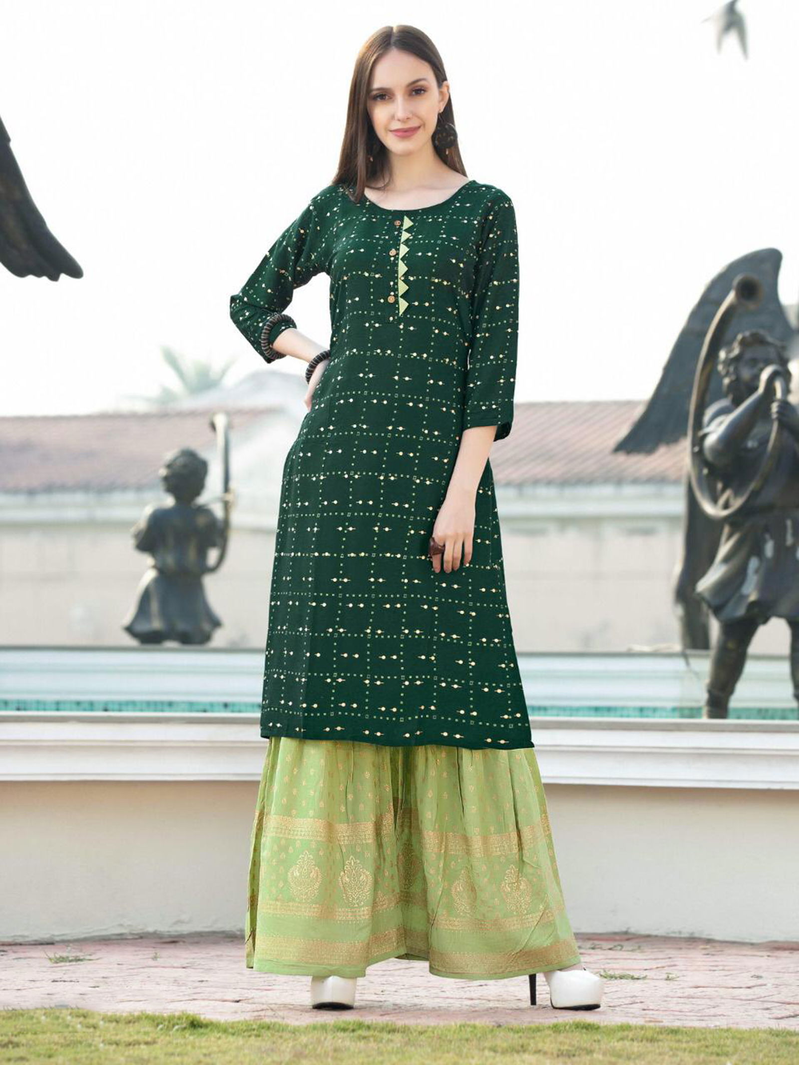 Rimzim 1 Latest Fancy Designer Ethnic Wear Rayon Foil Printed Kurtis With Palazzo Collection

