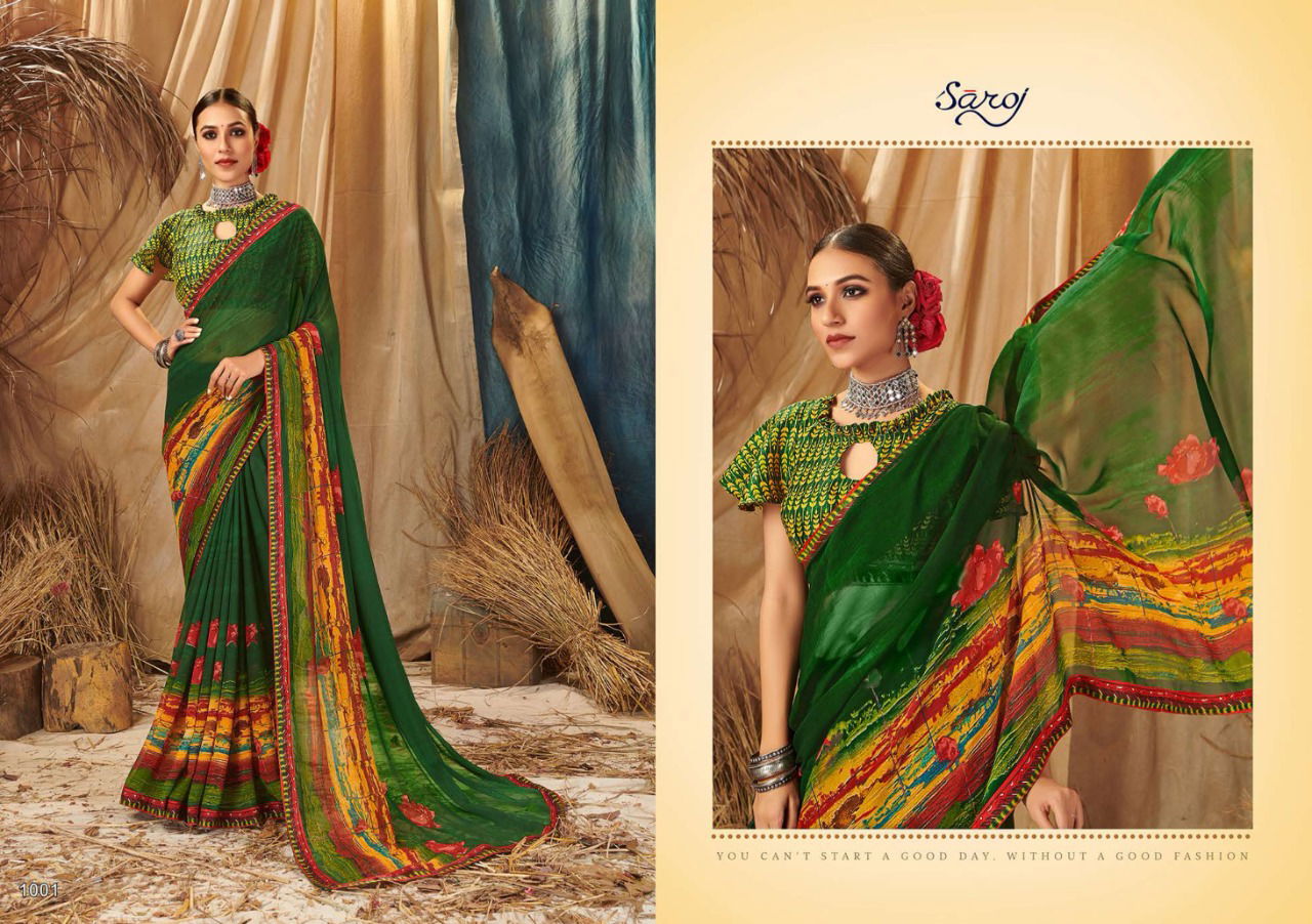 Saroj Saloni Latest Designer Fancy Casual Wear Printed Georgette Sarees Collection
