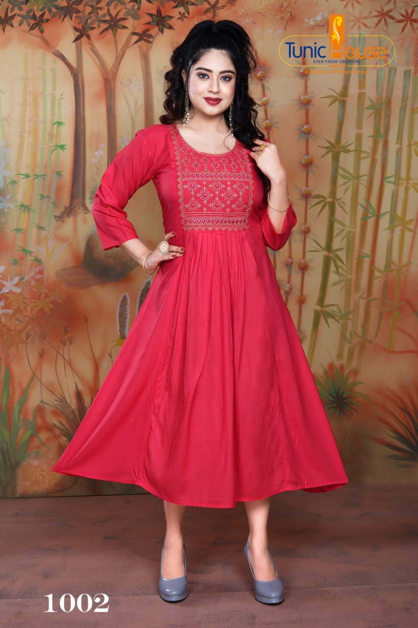 Tunic House Nek Nx Designer Ethnic Wear Embroidery Rayon Kurtis Collection
