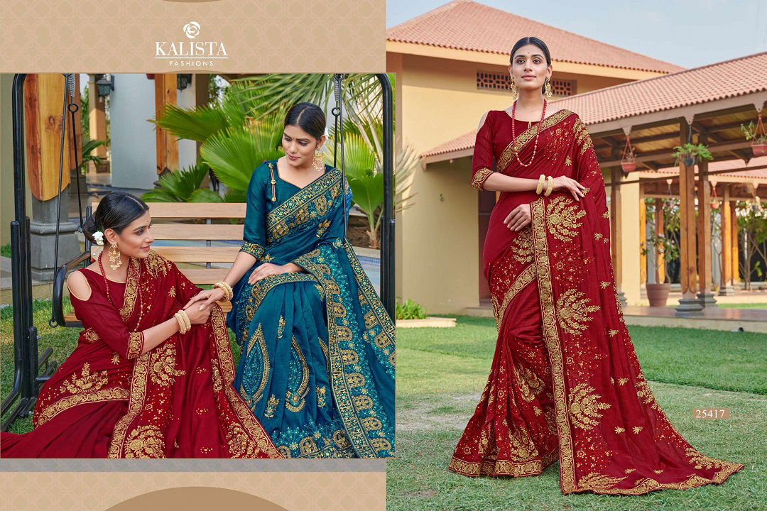 Kalista Kanya Fancy Designer Latest Heavy Wedding Wear Vichitra Silk Embroidery Work Saree Collection
