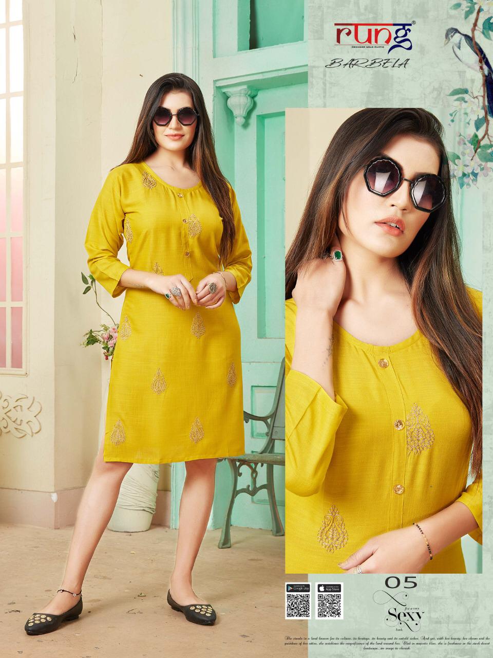Rung Barbela Latest Designer Fancy Rayon Casual Wear Designer Kurtis Collection