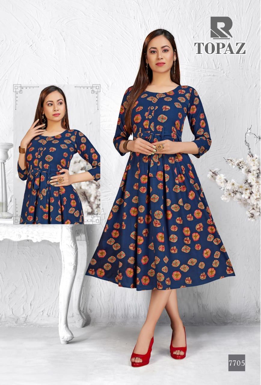 Raashi Topaz Latest Festive Wear Anarkali Style Heavy Rayon Printed Kurti Collection