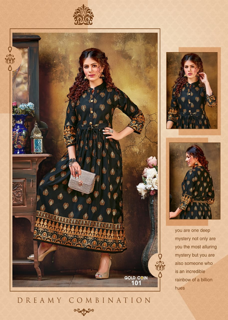 Ft Gold Coin Latest Designer Party Wear rayon Long Printed Rayon Kurtis Collection
