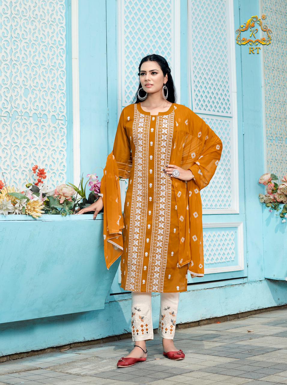 Rt Lucknowi Heavy Embroidery Kurti with Pant and Dupatta Ready Made Collection
