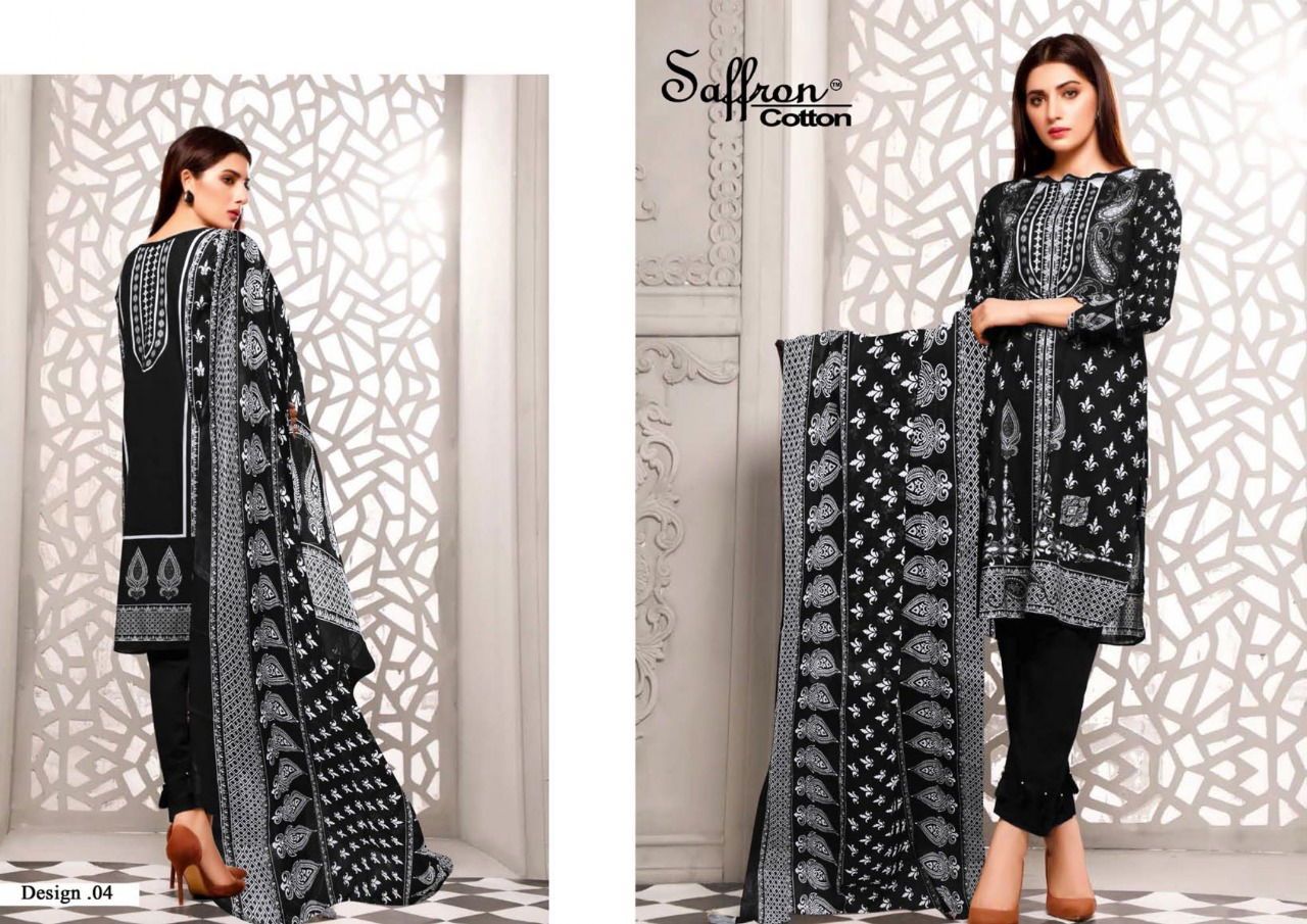 Saffron Latest Fancy Designer Casual Wear Black And White Printed Cotton Dress Material Collection

