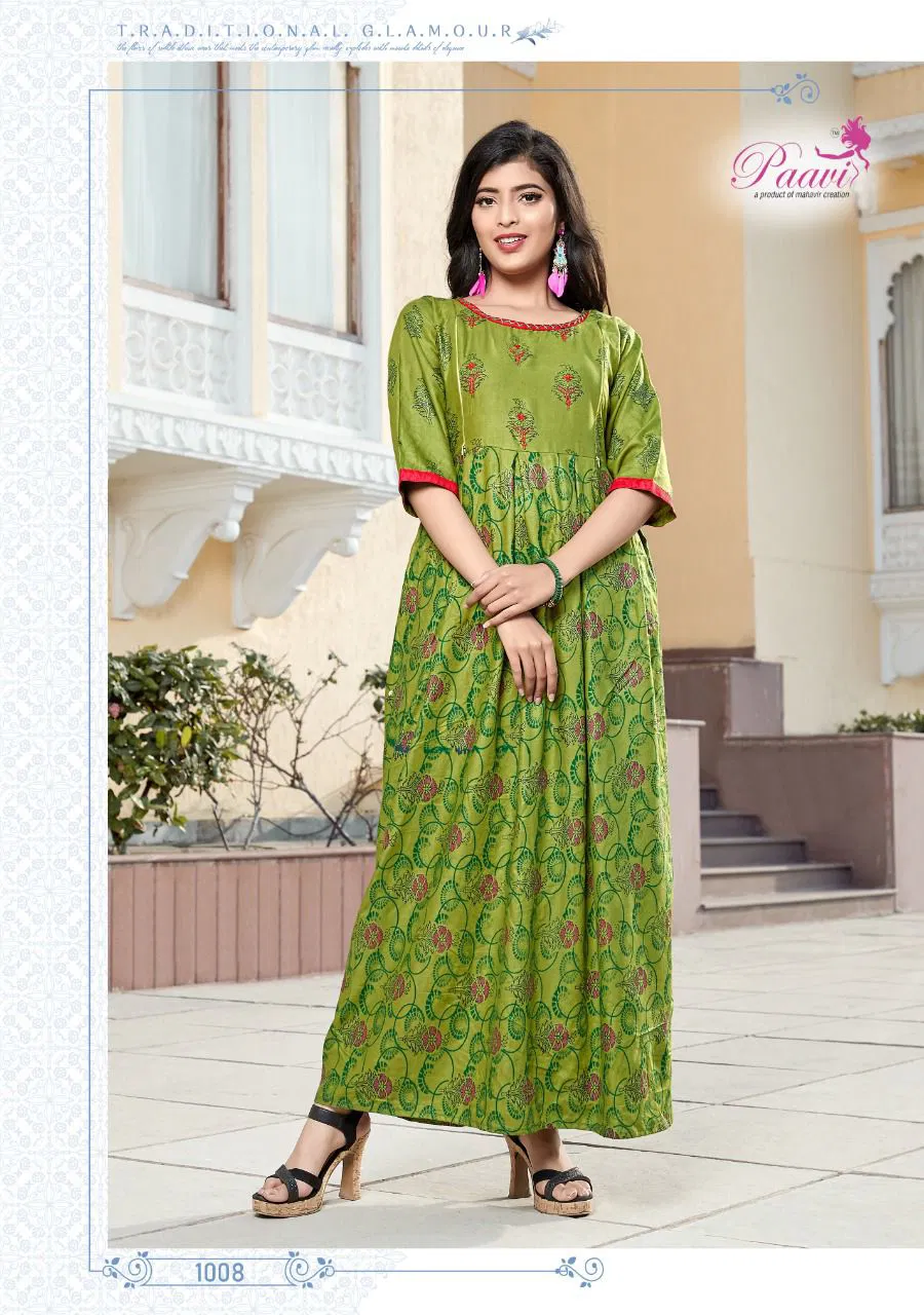 Paavi Kaarwan 4 Ethnic Wear Rayon Printed Anarkali Long Kurti Collection
