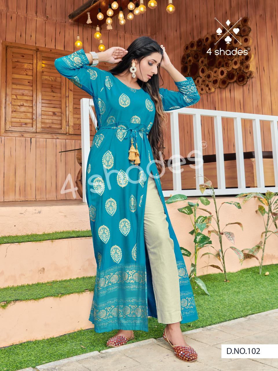 4 Shades Un Dekhi Ethnic Wear Long Rayon Printed Designer Kurtis Collection
