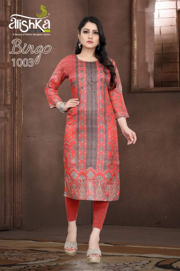 Alishka Bingo Latest Designer Tusser Silk With Inner Digital Print And Handwork Long Kurti Collection 