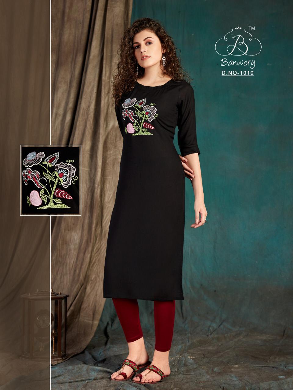 Banwery Taapsee Heavy Slub Rayon Airjet With  Embroidery Work Designer Kurtis Colections