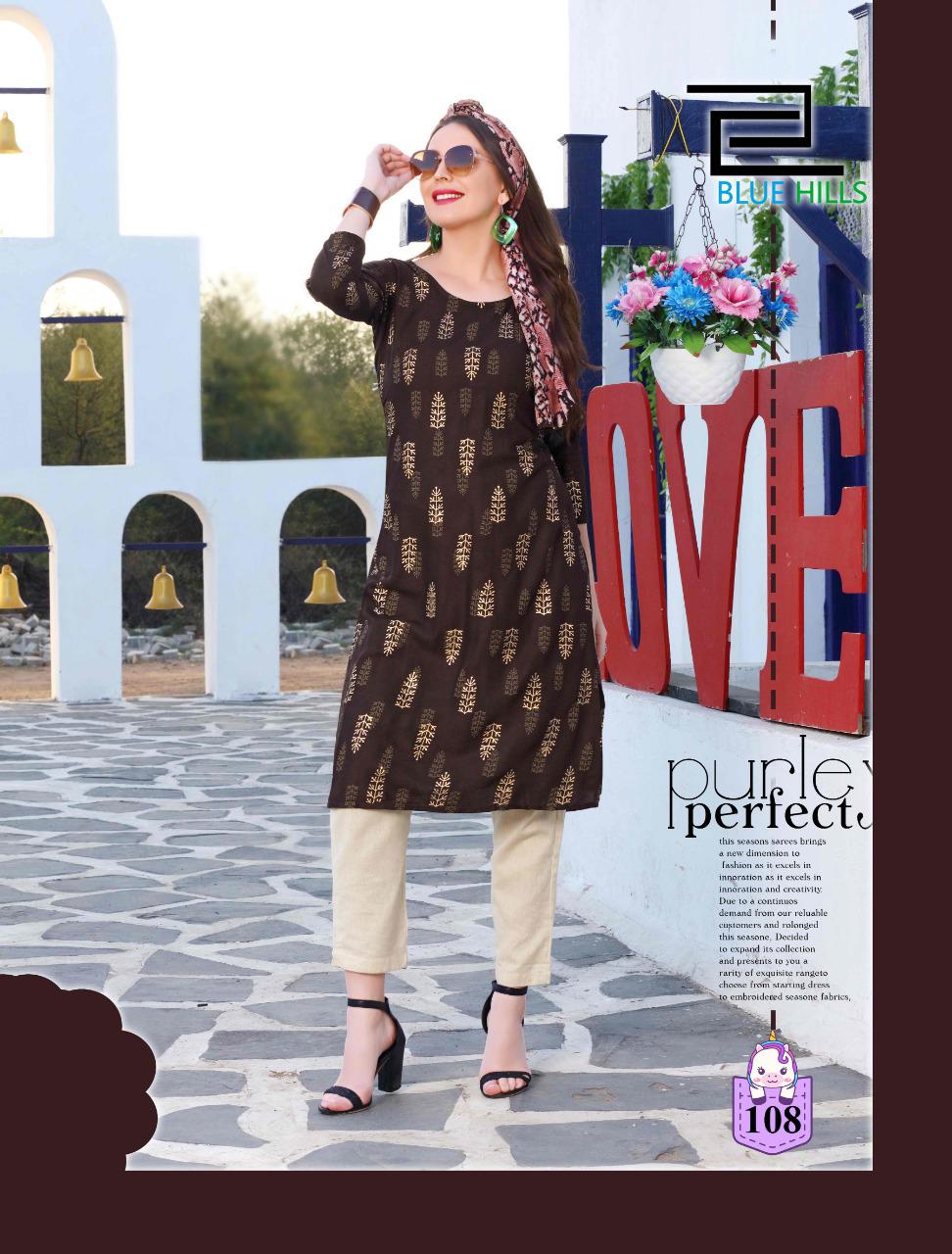 Blue Hills Divine fancy Ethnic Wear rayon With Gold Print Kurti With Bottom Designer Kurtis Collection