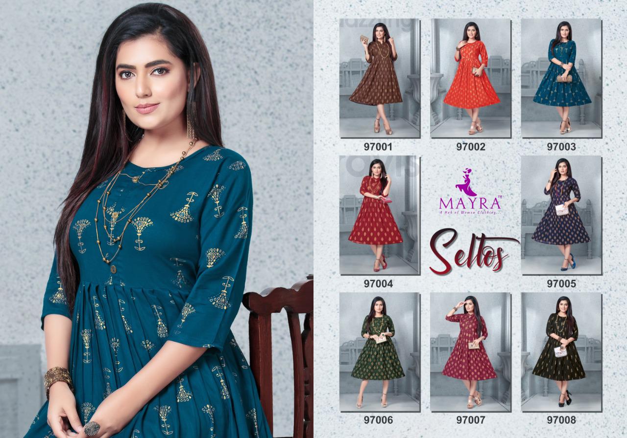 Mayra Seltos Rayon Printed Designer Party Wear and Regular Wear Kurtis Collection