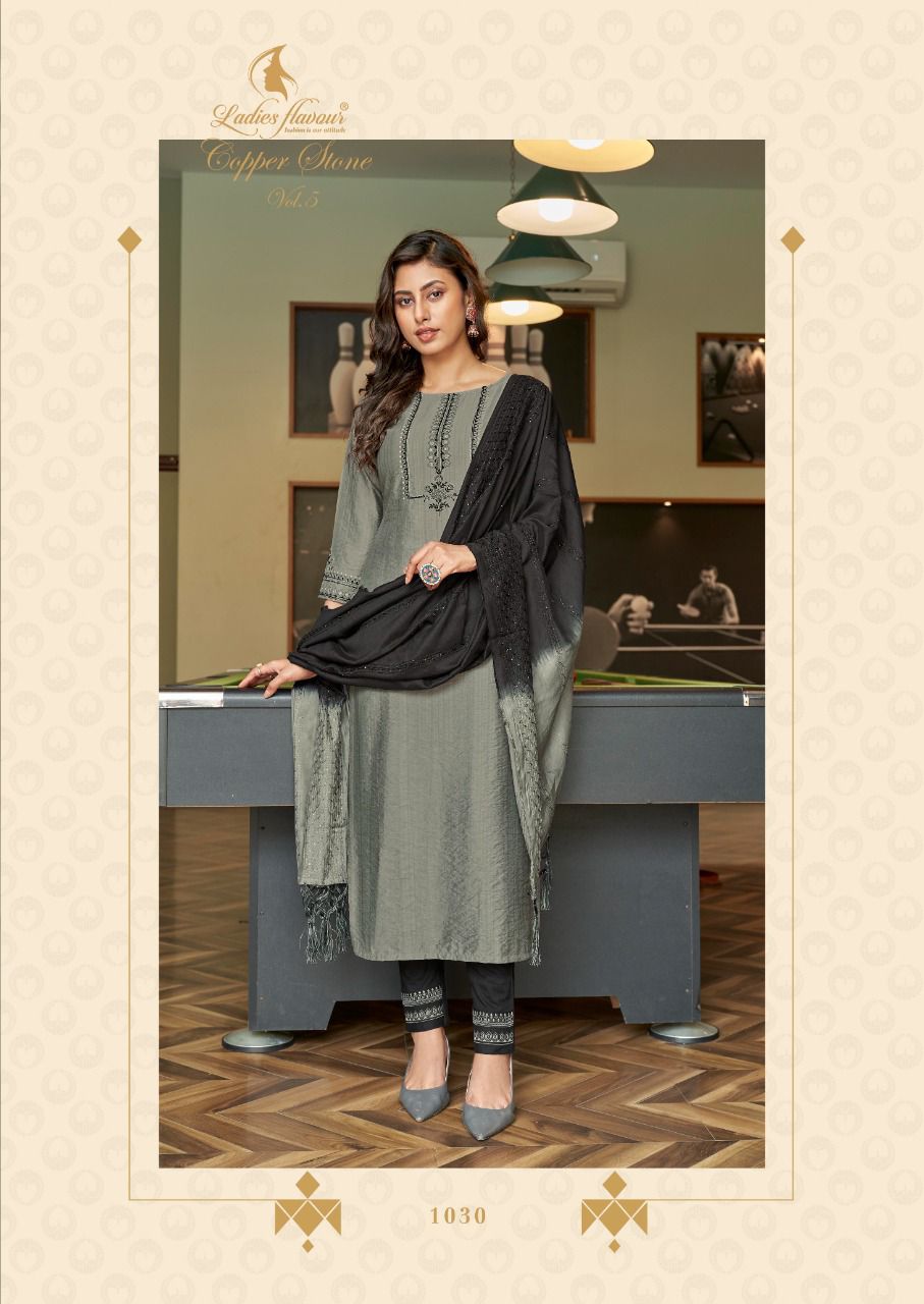 Ladies Flavour Copper Stone 5 Exclusive Designer Viscose With Embroidery With Khatli Work Readymade Collection
