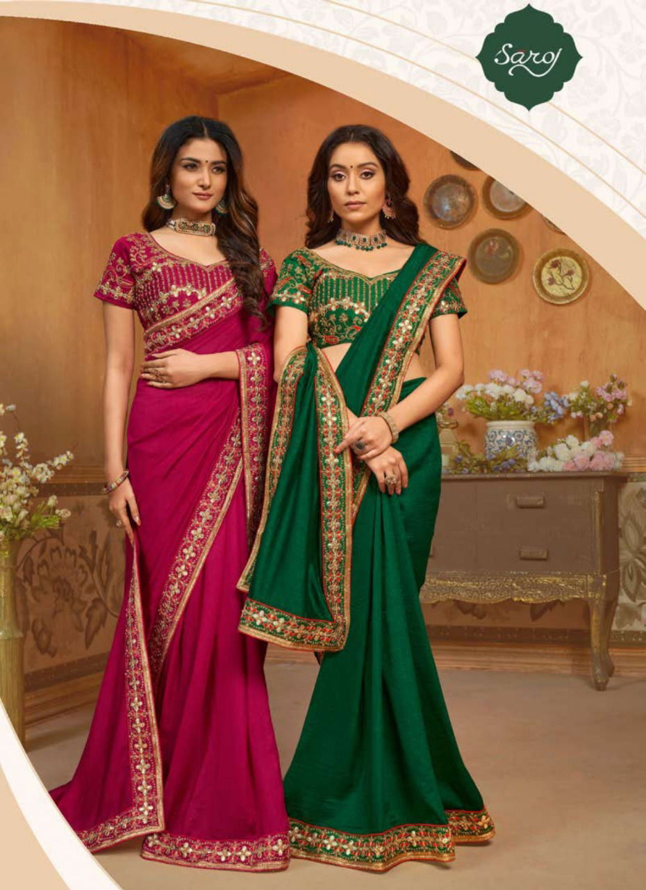 Saroj Hast Kala Latest Designer Beautiful Bordered Wedding Wear Vichitra Silk Saree Collection
