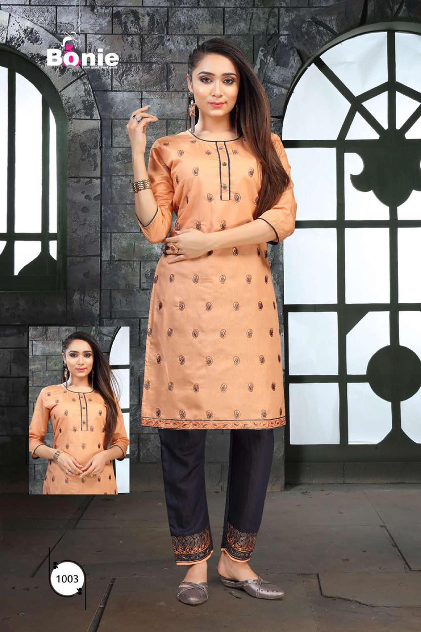 Bonie Portrait Casual Regular Wear Silk Designer Kurtis With Bottom Collection
