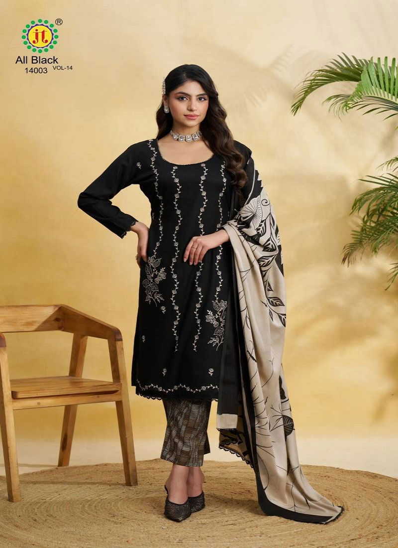 All Black Vol 14 By Jt Rayon Embroidered Dress Material Wholesale Market In Surat With Price